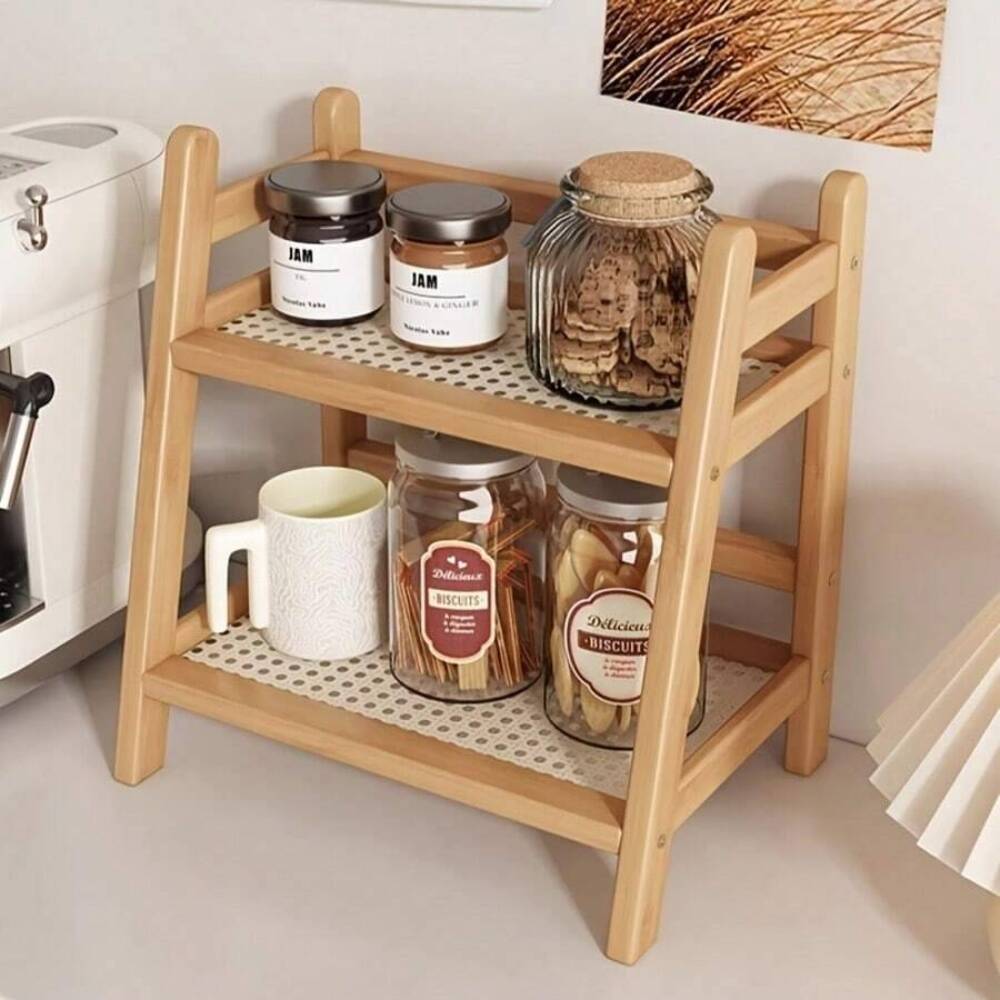 Coffee Tea Stand - Rak Penyimpanan 2-Tingkat dari Bambu untuk