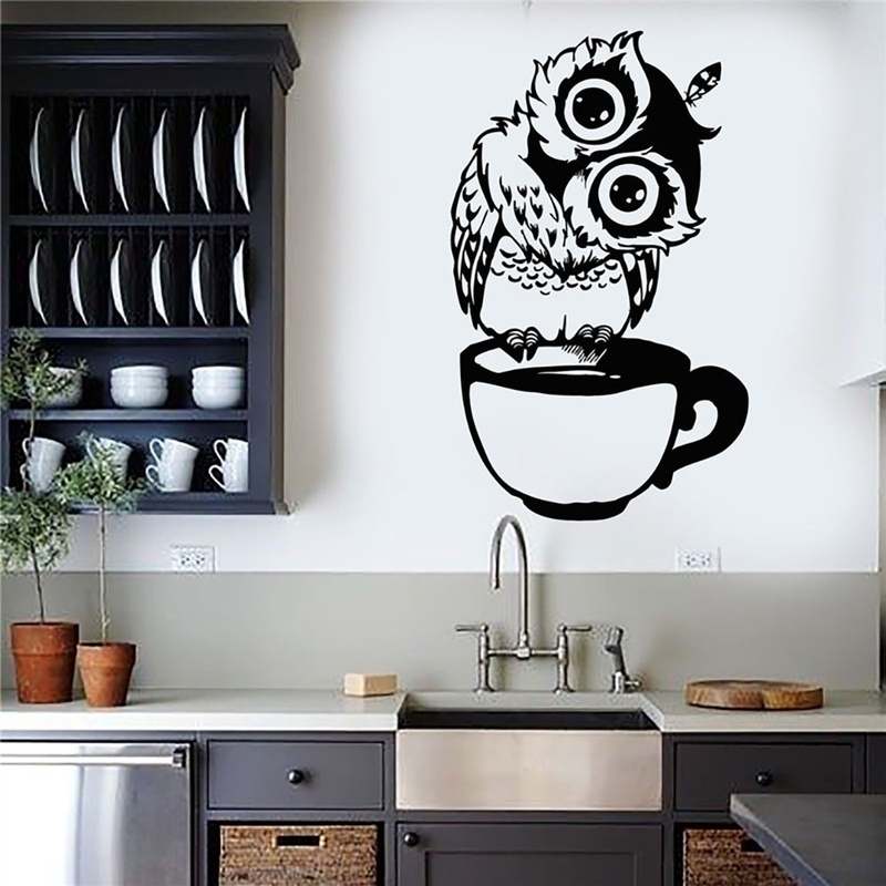 Wallpaper Coffee And Tea - Stiker Dinding Lucu Gambar Burung Hantu